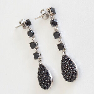 STS Designer 925 Sterling Silver Black Spinel Gemstone Dangle Drop Earrings